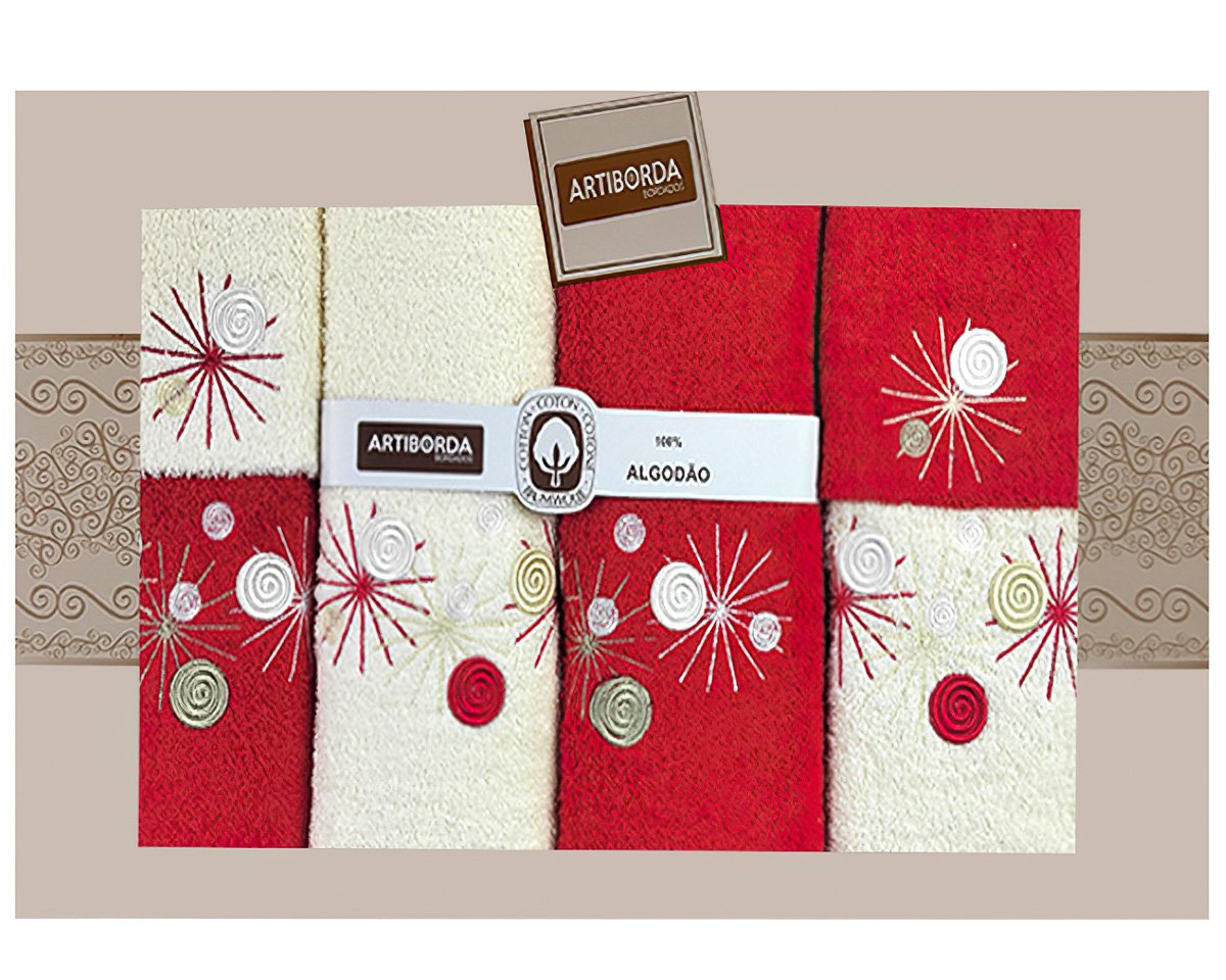 4sleep dárkový set froté ručníků a osušek 52, 6-dílný, krémová a červená s výšivkou 2x 30x50cm + 2x 50x90cm + 2x 70x140cm
