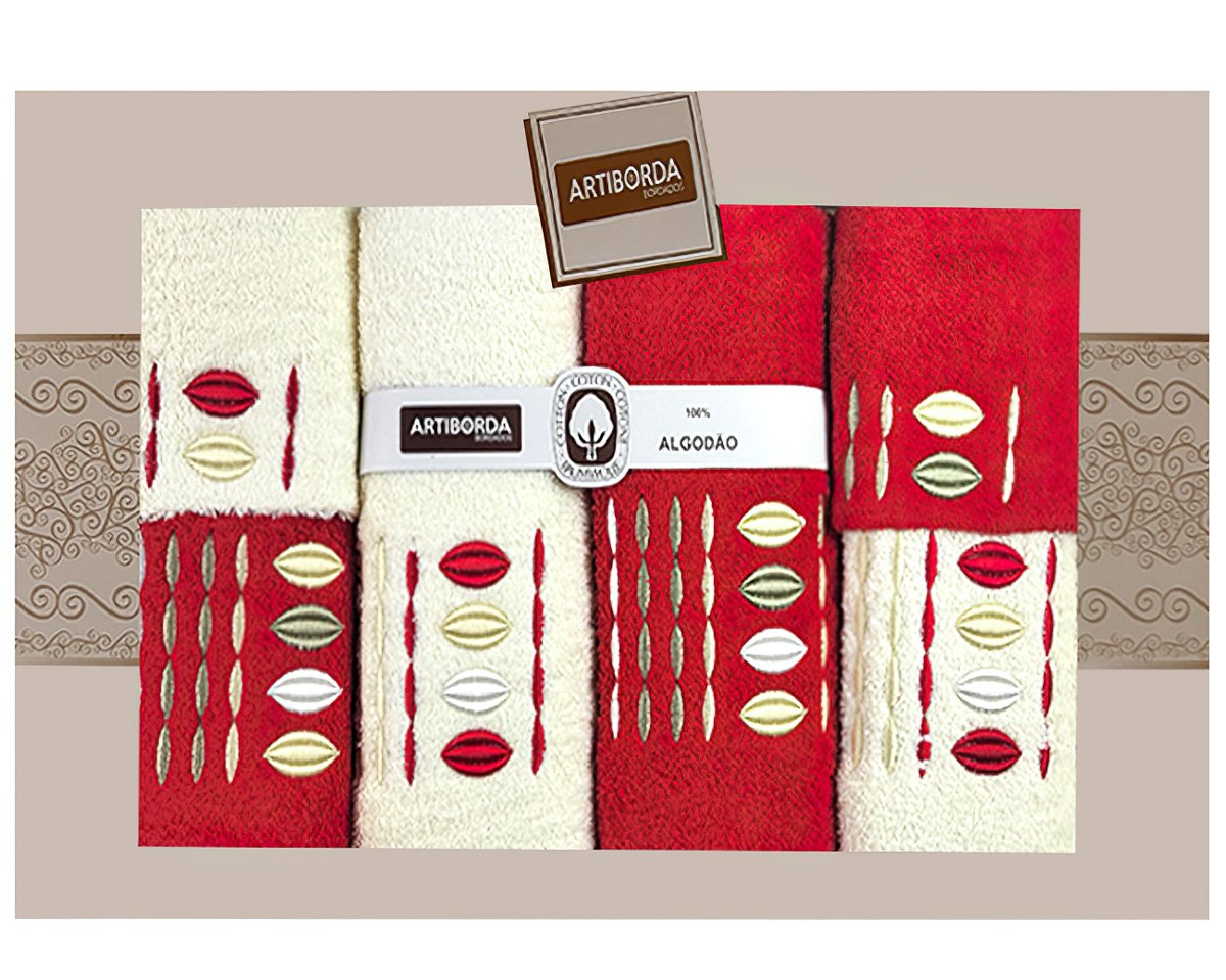 4sleep dárkový set froté ručníků a osušek 55, 6-dílný, krémová a červená s výšivkou, 2x 30x50cm + 2x 50x90cm + 2x 70x140cm