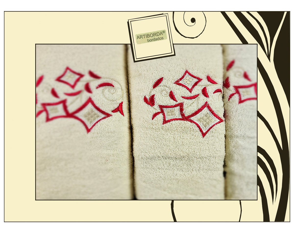 4sleep dárkový set froté ručníků a osušek 63, 3-dílný, krémová s červenou výšivkou, 1x 30x50cm + 1x 50x90cm + 1x 70x140cm