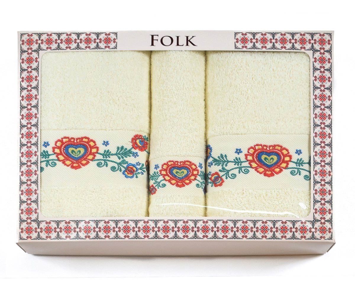 Praktik dárkový set froté ručníků a osušek FOLK 02, 3-dílný, žlutý s výšivkou, 1x 30x50cm + 1x 50x100cm + 1x 70x140cm