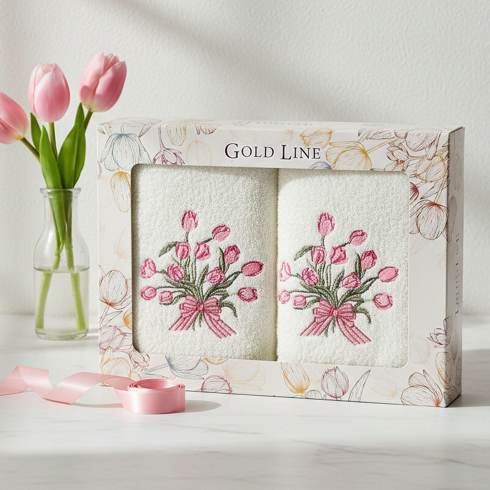 Praktik Dárkový set froté ručníků TULIPÁNY 26, růžové tulipány, 2x 50x100cm