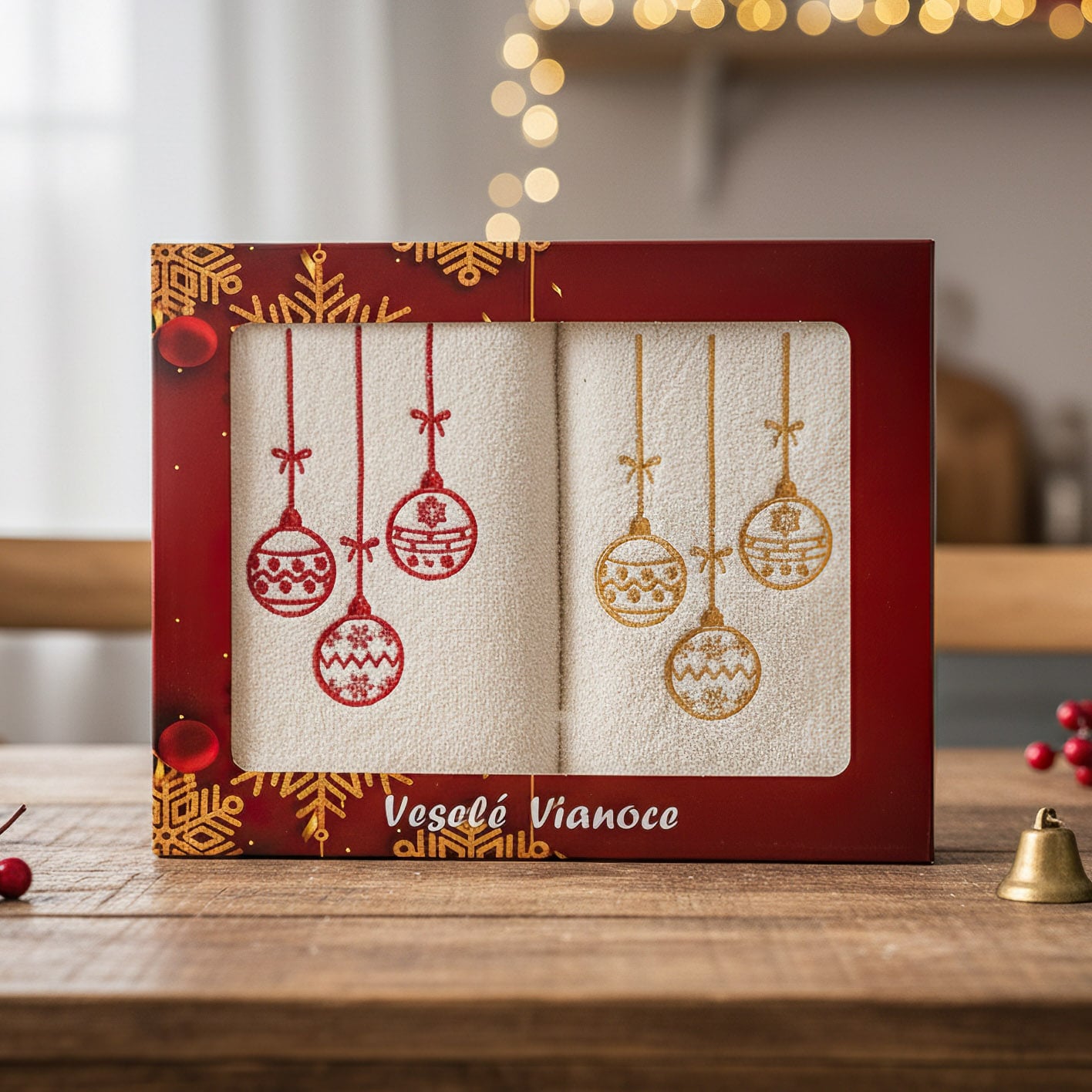 Praktik Dárkový set froté ručníků VÁNOCE 08, baňky, smetanový, 2x 50x100cm