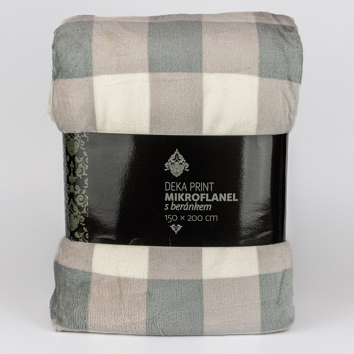 Deka z mikrovlákna PRINT BERÁNEK šedo-krémová kostka, 150x200cm