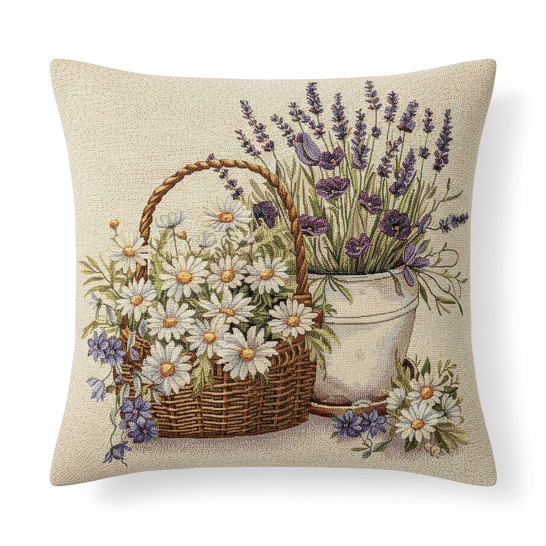 Levně Dekoratex Dekorační povlak na polštářek RETRO LEVANDULE A KOPRETINY V KOŠÍKU, béžová 45x45cm