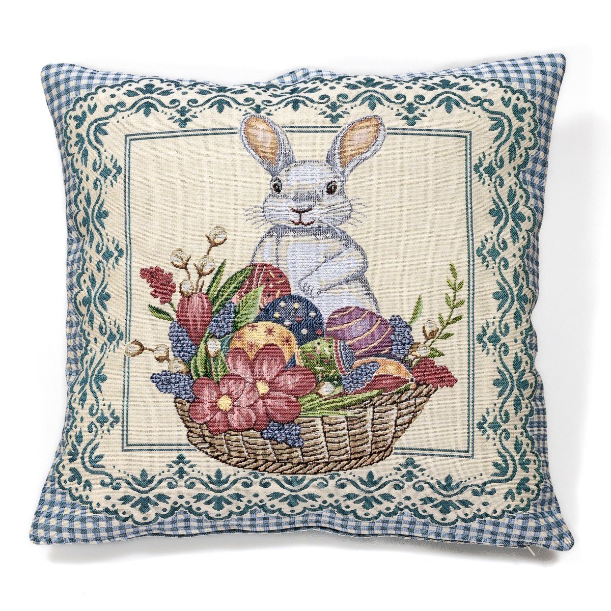 Dekorační povlak na polštářek RETRO VELIKONOČNÍ KOŠ SE ZAJÍČKEM, modrý  45x45cm