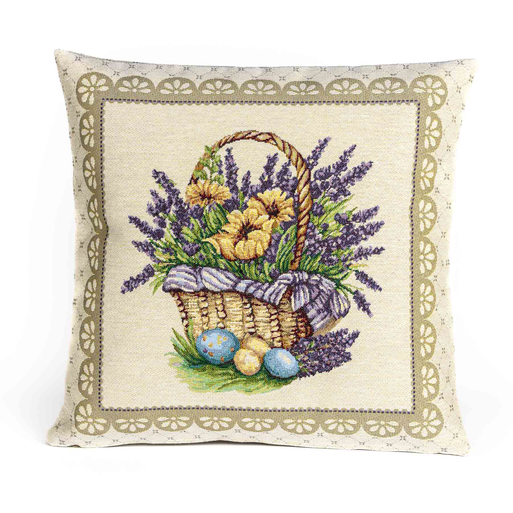 Dekoratex Dekorační povlak na polštářek RETRO VELIKONOČNÍ, KOŠÍČEK S VAJÍČKY A LEVANDULEMI, fialová, 45x45cm