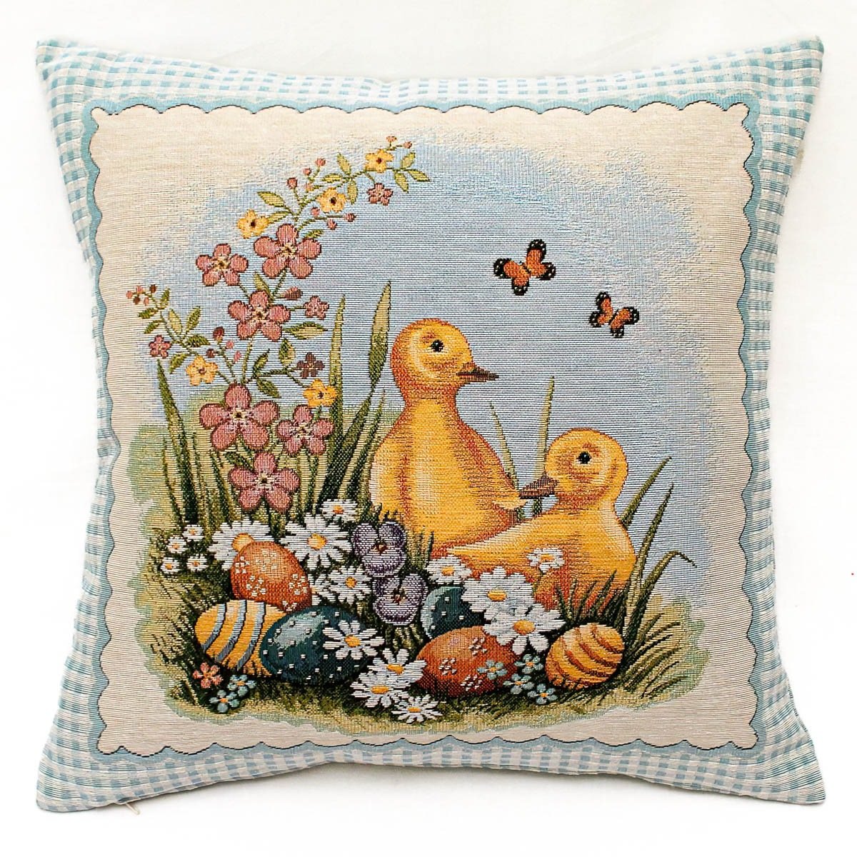 Dekorační povlak na polštářek RETRO VELIKONOČNÍ S KACHNIČKAMI, modrý kostkovaný okraj 45x45cm