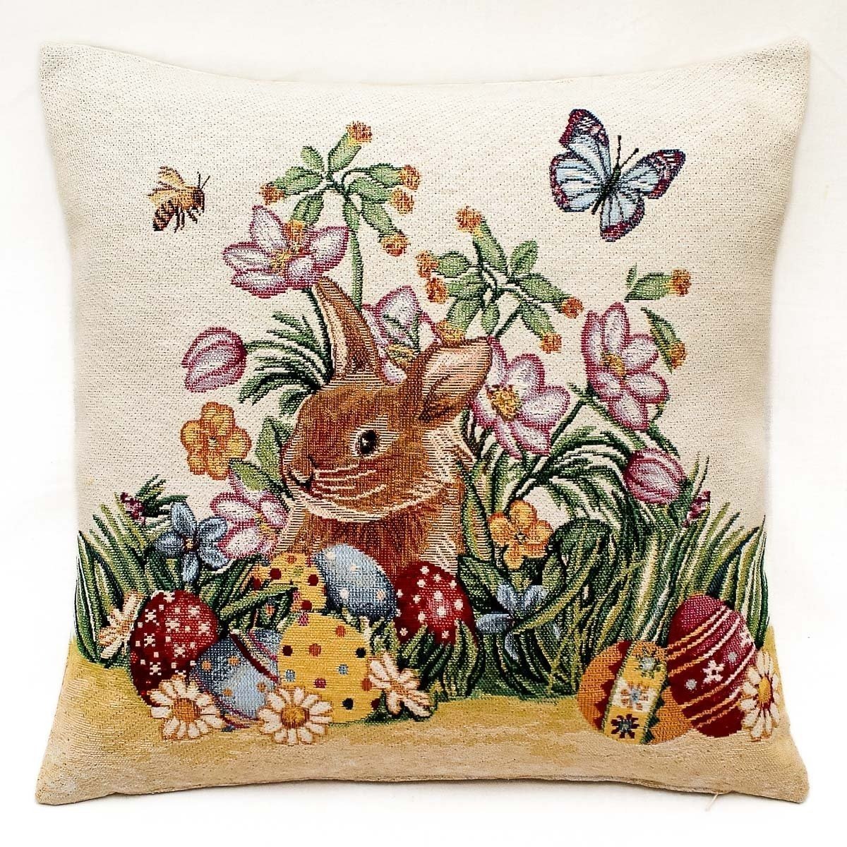 Dekorační povlak na polštářek RETRO VELIKONOČNÍ ZAJÍČEK S KVĚTY A VAJÍČKY, zelená 45x45cm