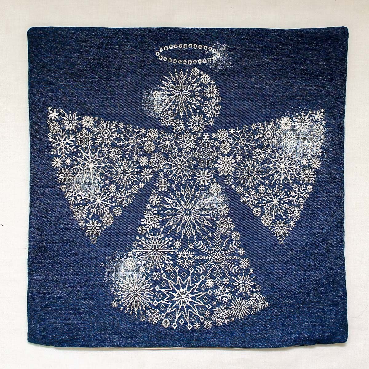 Dekorační povlak na polštářek vánoční RETRO ANDĚL Z VLOČEK, modrá, 45x45cm