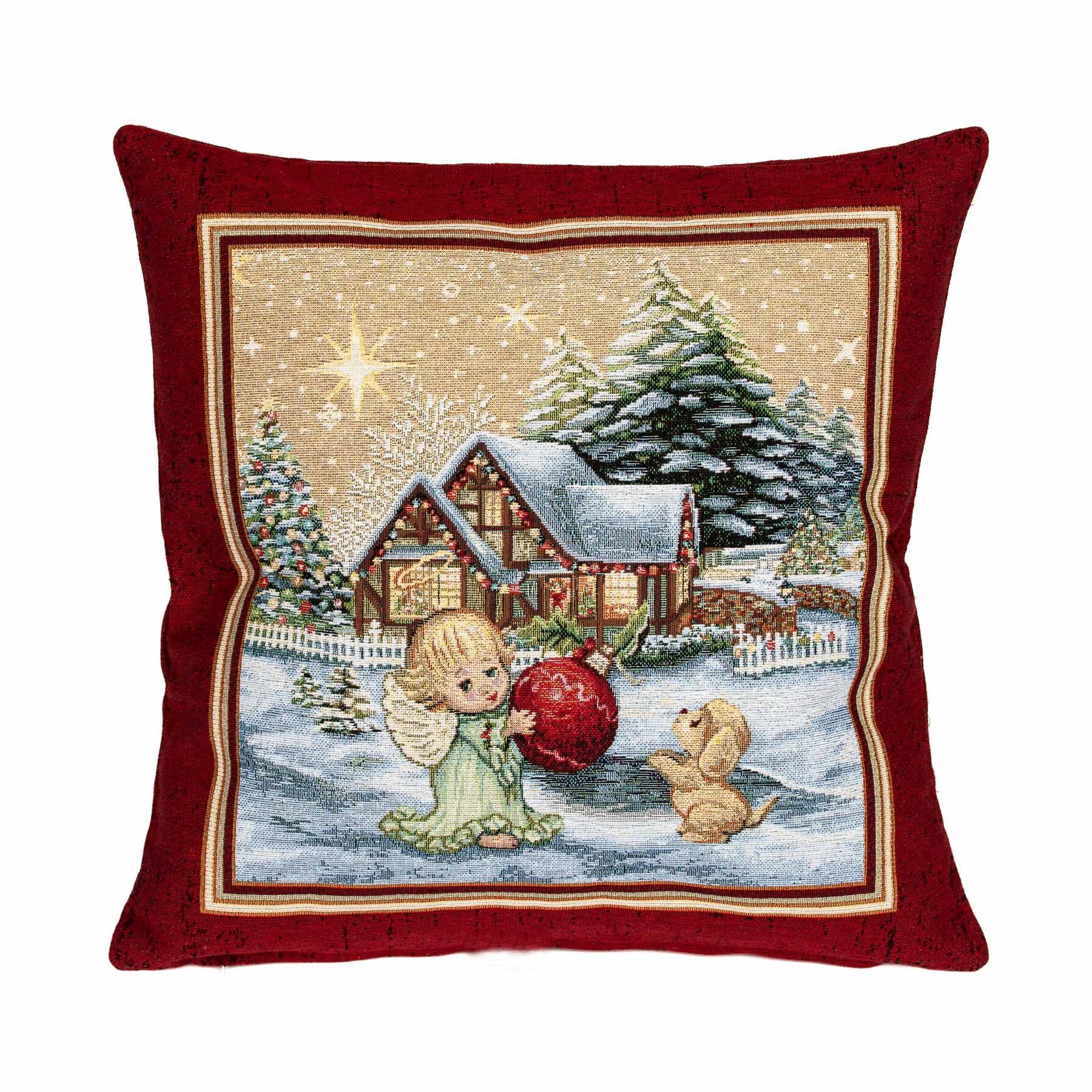 Dekorační povlak na polštářek vánoční RETRO CHALOUPKA A ANDÍLEK, vínová, 45x45cm