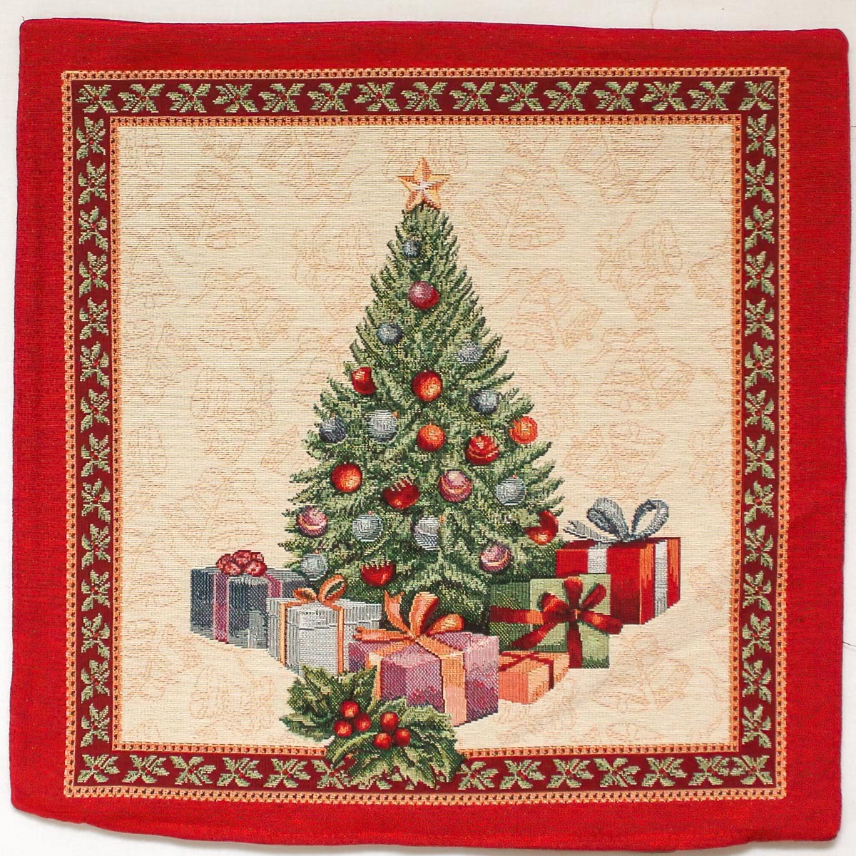 Dekorační povlak na polštářek vánoční RETRO STROMEČEK A DÁRKY, červená, 45x45cm