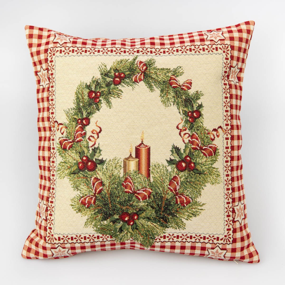 Dekorační povlak na polštářek vánoční RETRO DEKORAČÍ SVÍČKA, kostkovaný červený okraj, 45x45cm