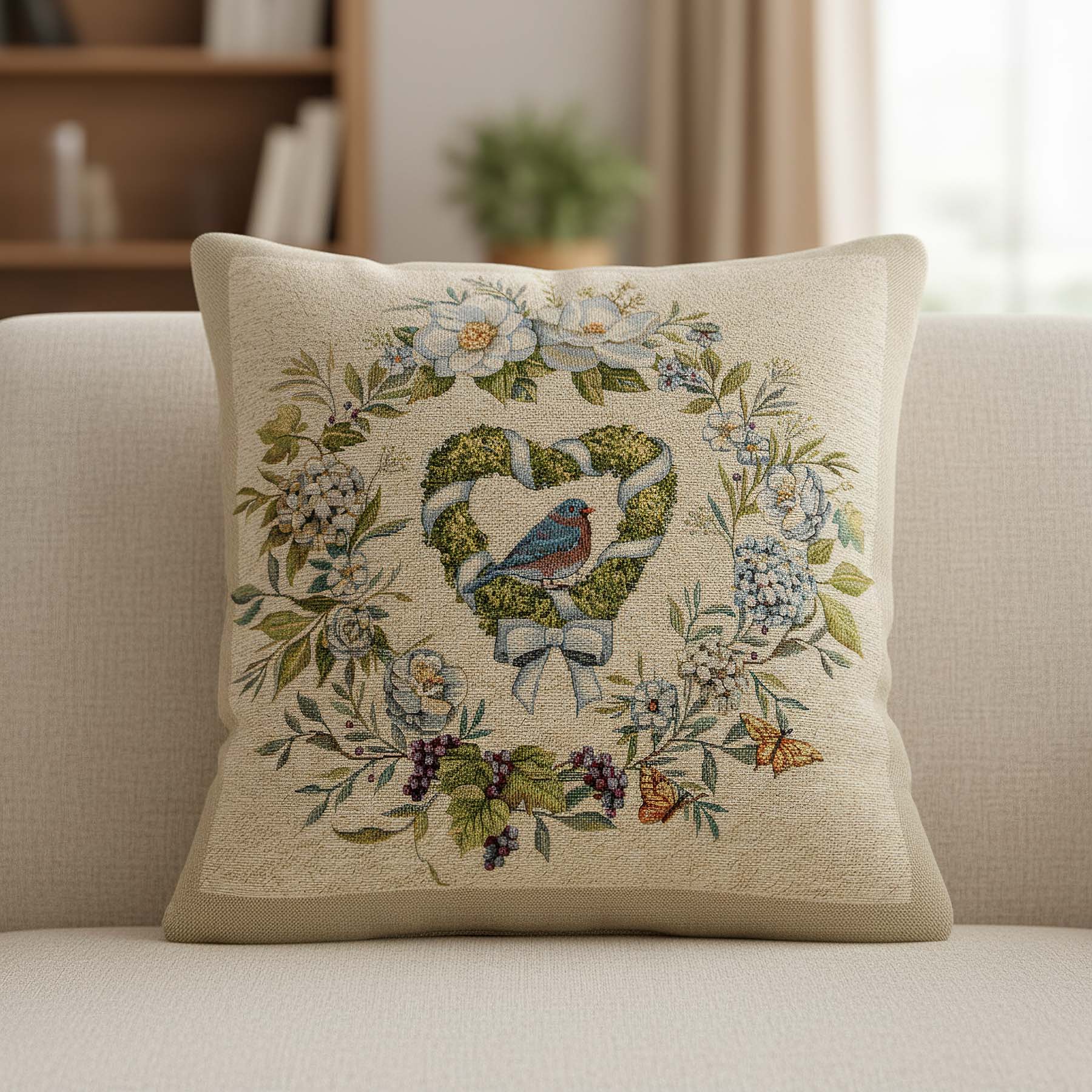 Dekoratex Dekorační povlak na polštářek RETRO KVĚTINOVÝ VĚNEČEK A PTÁČEK, režná  45x45cm