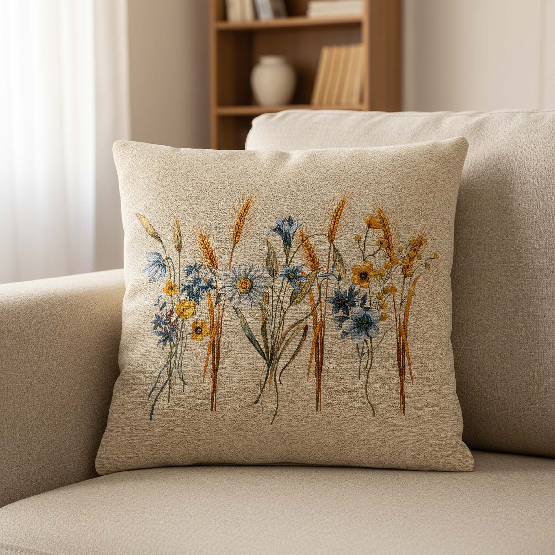 Levně Dekoratex Dekorační povlak na polštářek RETRO MODRÉ KVĚTY S OBILÍM 45x45cm