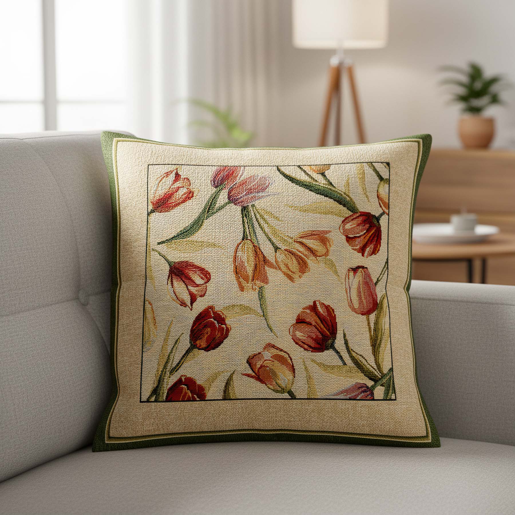 Levně Dekoratex Dekorační povlak na polštářek RETRO TULIPÁNY, zelený rámeček 45x45cm