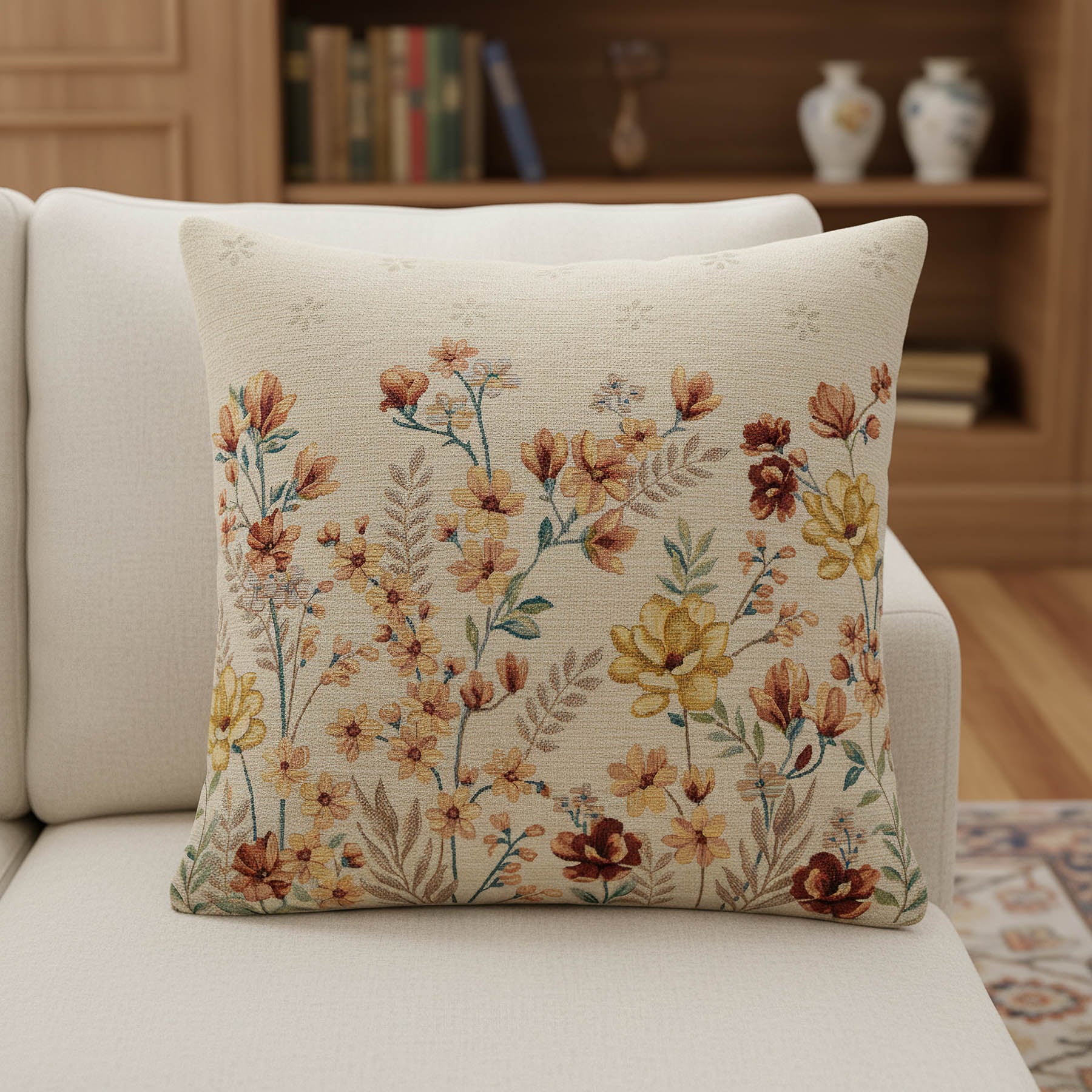Levně Dekoratex Dekorační povlak na polštářek RETRO ŽLUTÉ A VÍNOVÉ KVĚTY 45x45cm
