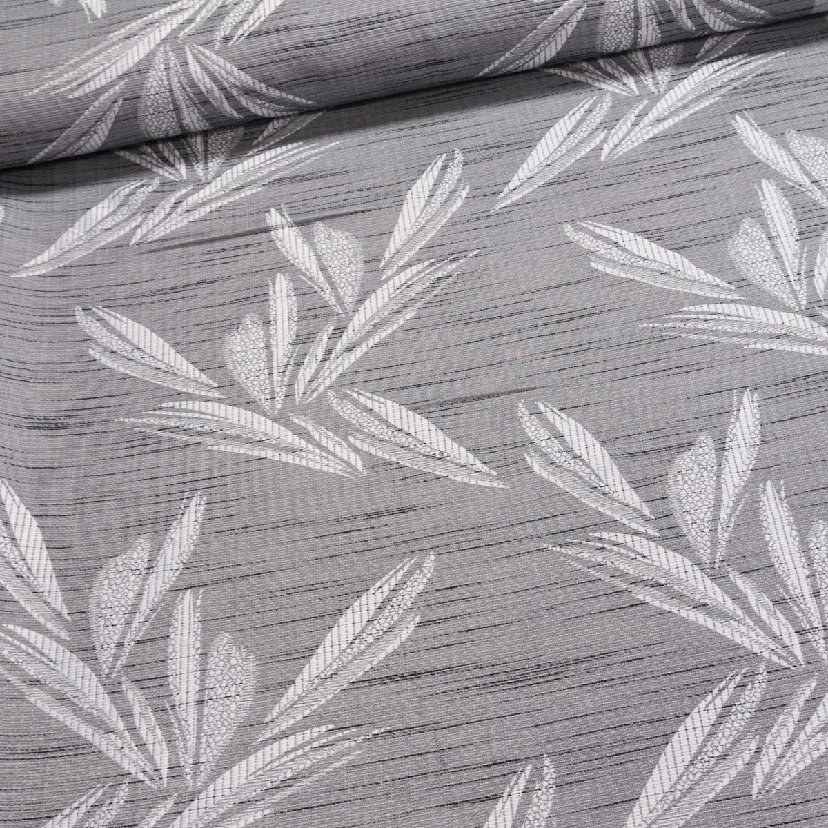 Českomoravská textilní dekorační závěs PALLAS 02, žakár, listy na šedé, šířka 150cm (látka v metráži