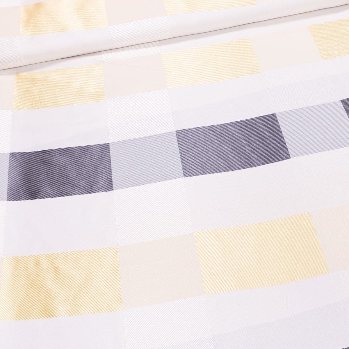 Dekorační závěs, šedo-žluto-krémové kostky, šířka 140cm (látka v metráži)