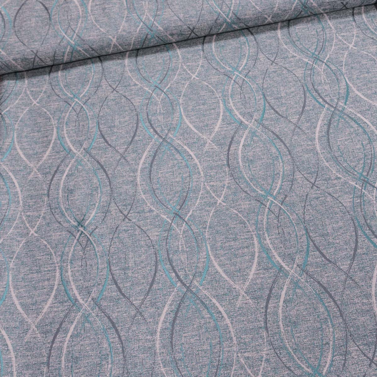 Dekorační závěs, tyrkysové vlnky na žíhaném podkladu, šířka 140cm (látka v metráži)