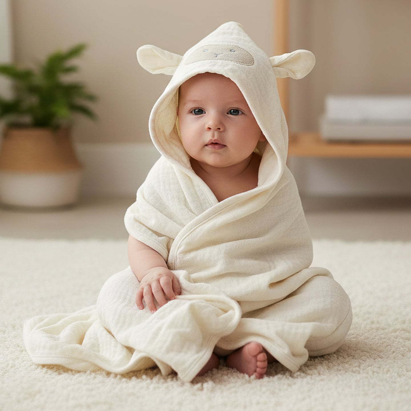 PREM Dětská bavlněná látková / mušelínová osuška MUŠELÍN S KAPUCÍ krémová, 130g/m2, 80x80cm