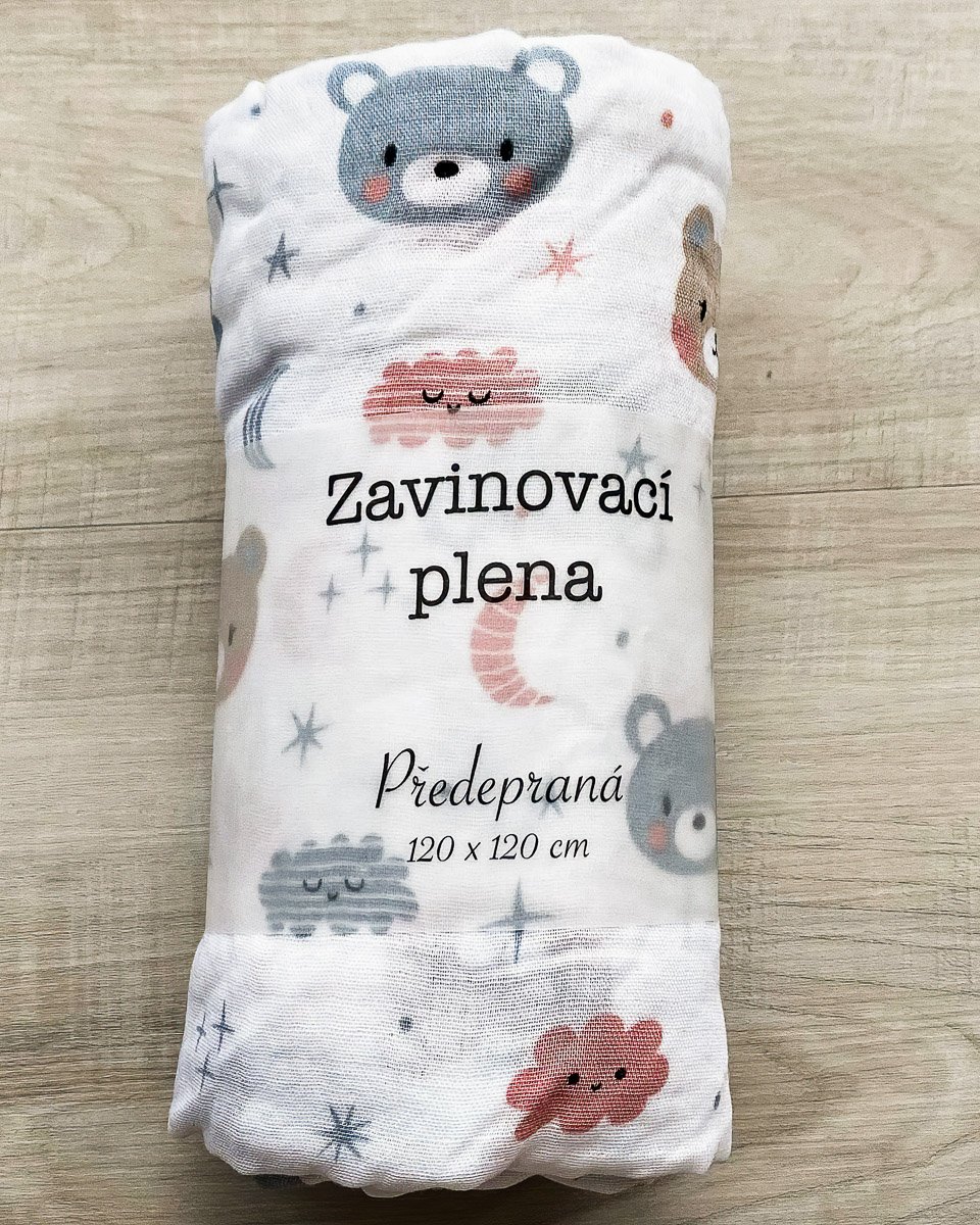 Dětská bavlněná látková plena ZAVINOVACÍ s potiskem MÉĎA MRÁČEK, 110g/m2, 120x120cm