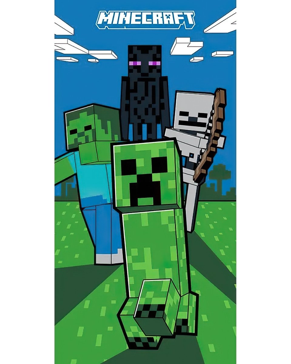 Dětská plážová osuška MINECRAFT MOBI ÚTOČÍ, zeleno-modrá, froté, 70x140cm