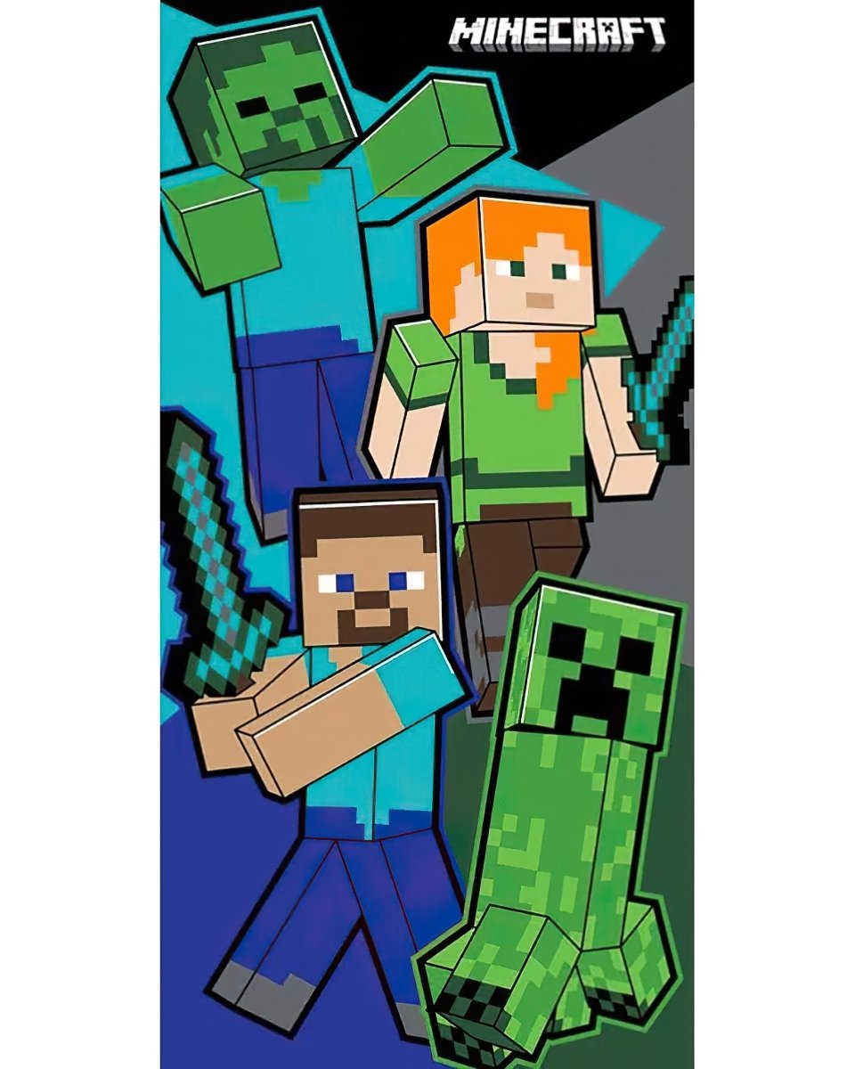Dětská plážová osuška MINECRAFT VIRTUÁLNÍ BOJ, zeleno-modrá, froté, 70x140cm