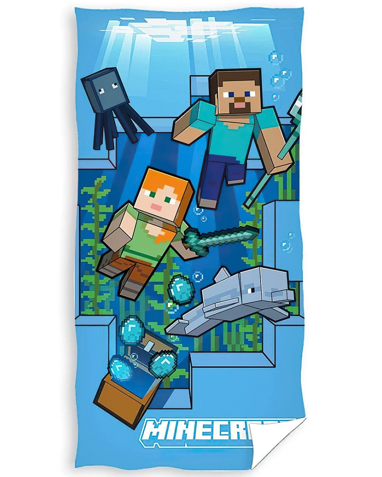 Dětská plážová osuška MINECRAFT ŽIVOT POD HLADINOU, modrá, froté, 70x140cm