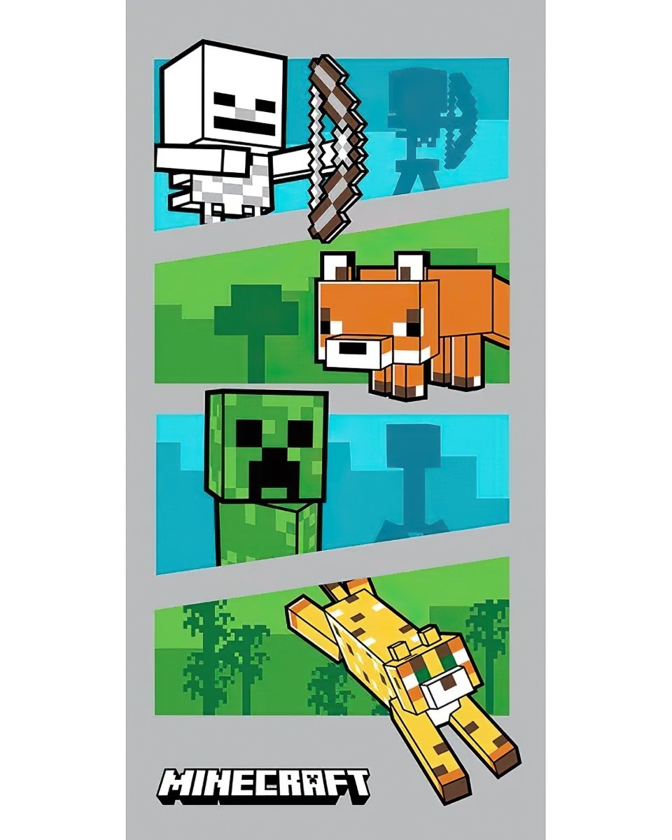 Dětská plážová osuška MINECRAFT ZVÍŘÁTKA, zeleno-modrá, froté, 70x140cm