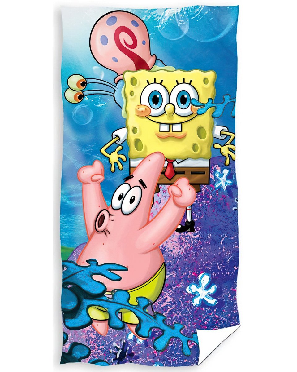 Dětská plážová osuška SPONGEBOB HRÁTKY S GARYM, modrá, froté, 70x140cm