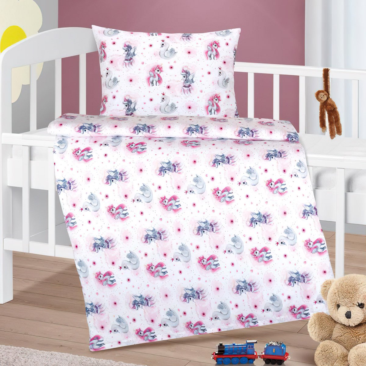 Bellatex povlečení do postýlky JEDNOROŽEC, růžové, bavlna hladká, 100x135cm + 45x60cm