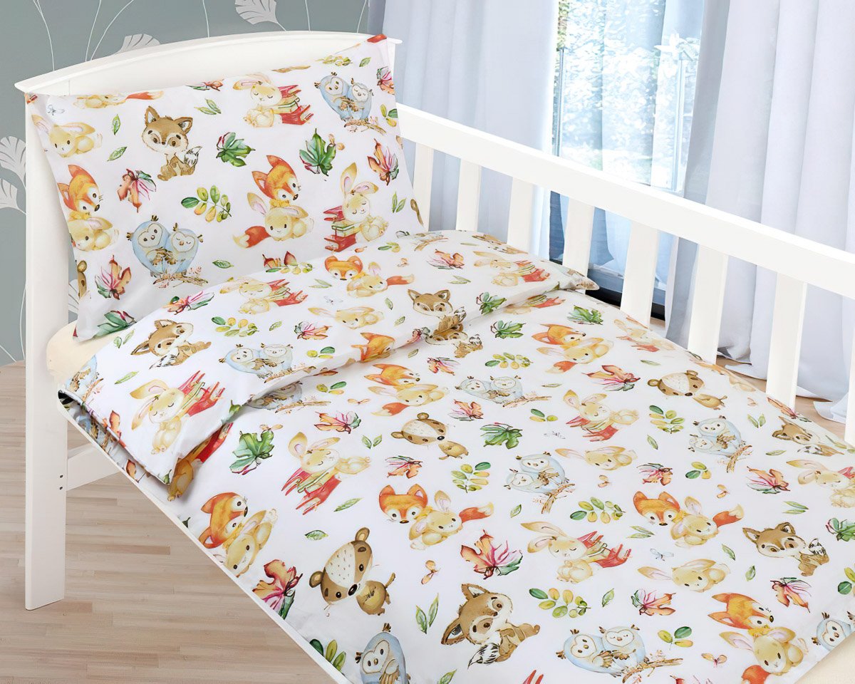Bellatex povlečení do postýlky LESNÍ ZVÍŘÁTKA, bílé, bavlna hladká, 90x135cm + 45x60cm