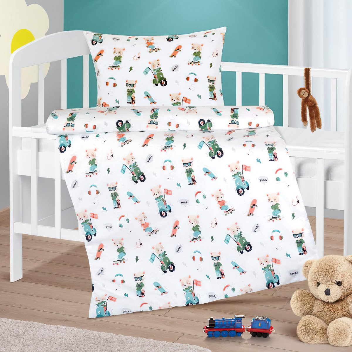 Bellatex povlečení do postýlky MEDVÍDEK NA MOTORCE, bílé, bavlna hladká, 90x135cm + 45x60cm