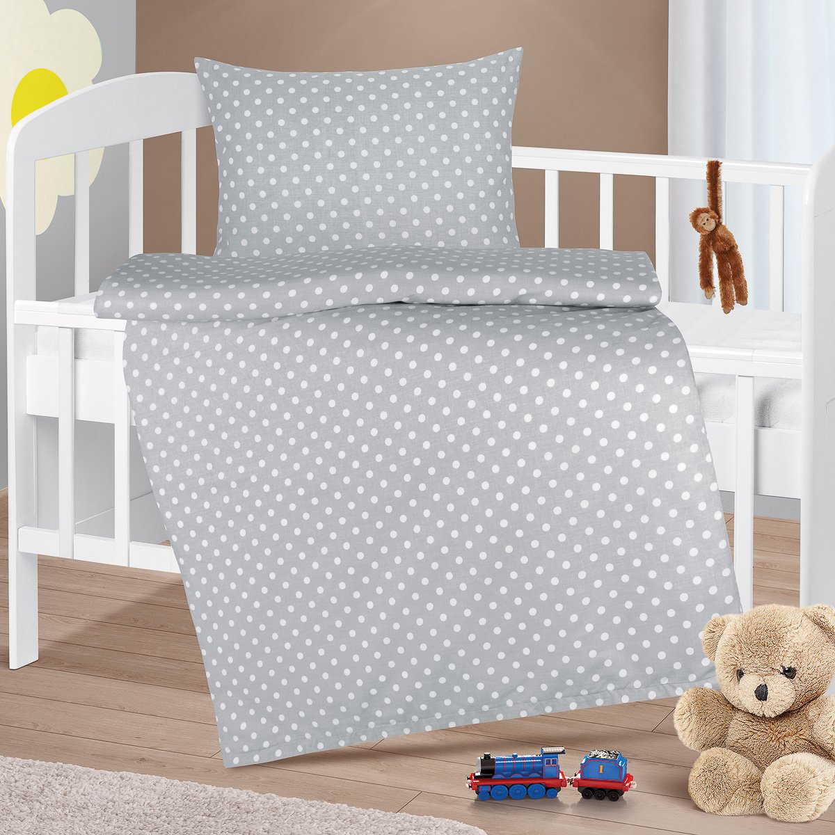 Bellatex povlečení do postýlky PUNTÍK ŠEDÁ BÍLÁ, bavlna hladká, 90x135cm + 45x60cm