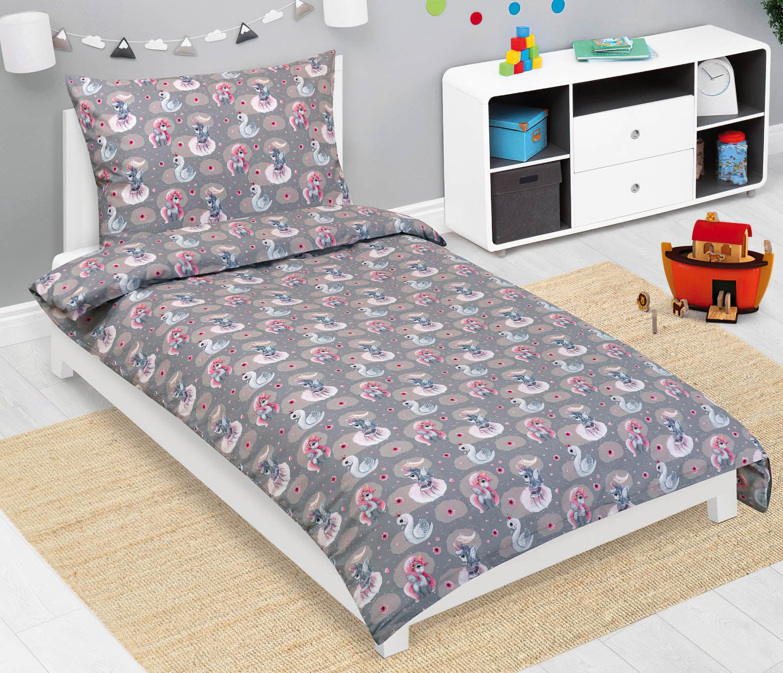 Bellatex Dětské povlečení JEDNOROŽEC, LABUŤ ŠEDÁ, bavlna hladká, 140x200cm + 70x90cm