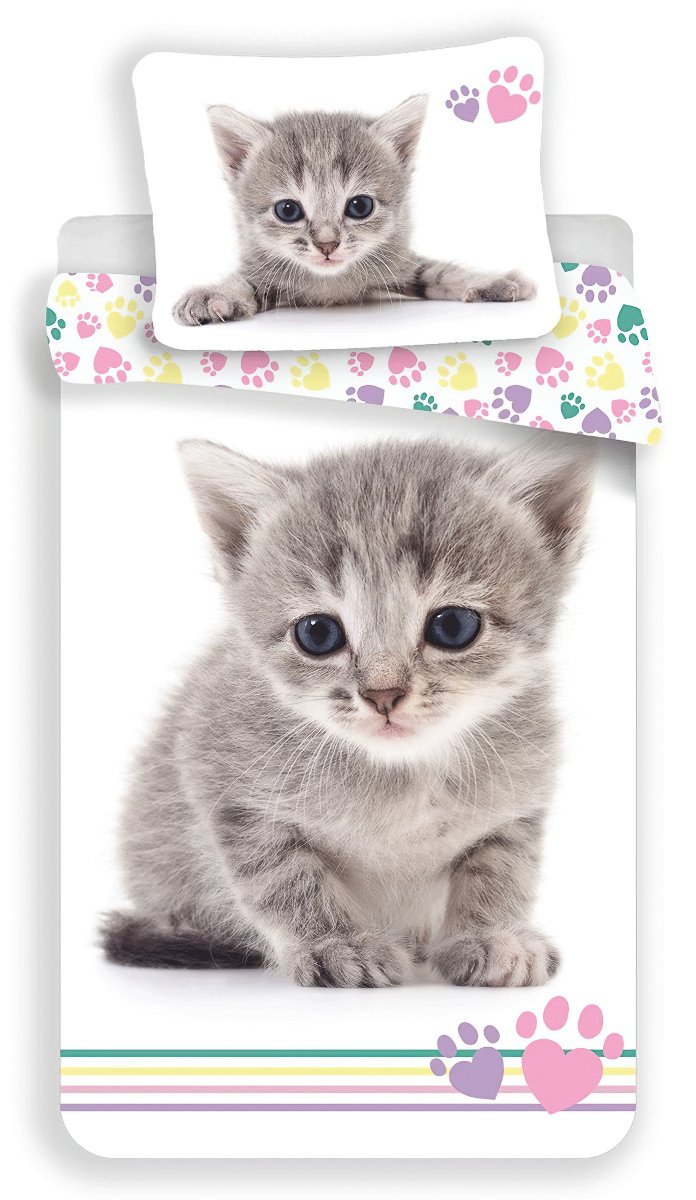 Jerry Fabrics dětské povlečení KITTEN COLOUR, šedé kotě na bílé, fototisk, bavlna hladká, 140x200cm + 70x90cm