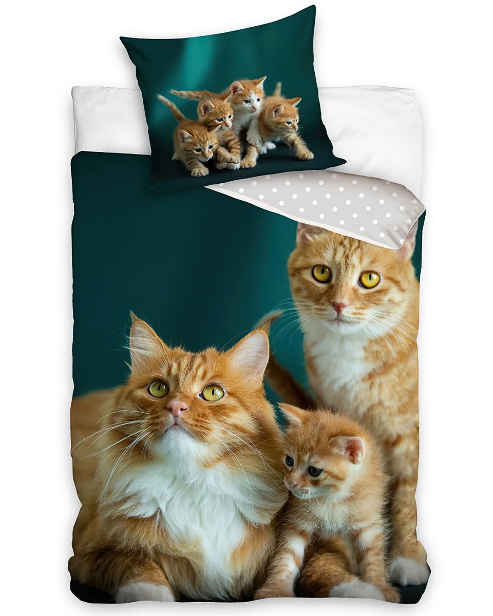 Tip Trade dětské povlečení KOČIČÍ RODINKA, fototisk, smaragdově zelené, bavlna hladká, 140x200cm + 70x90cm