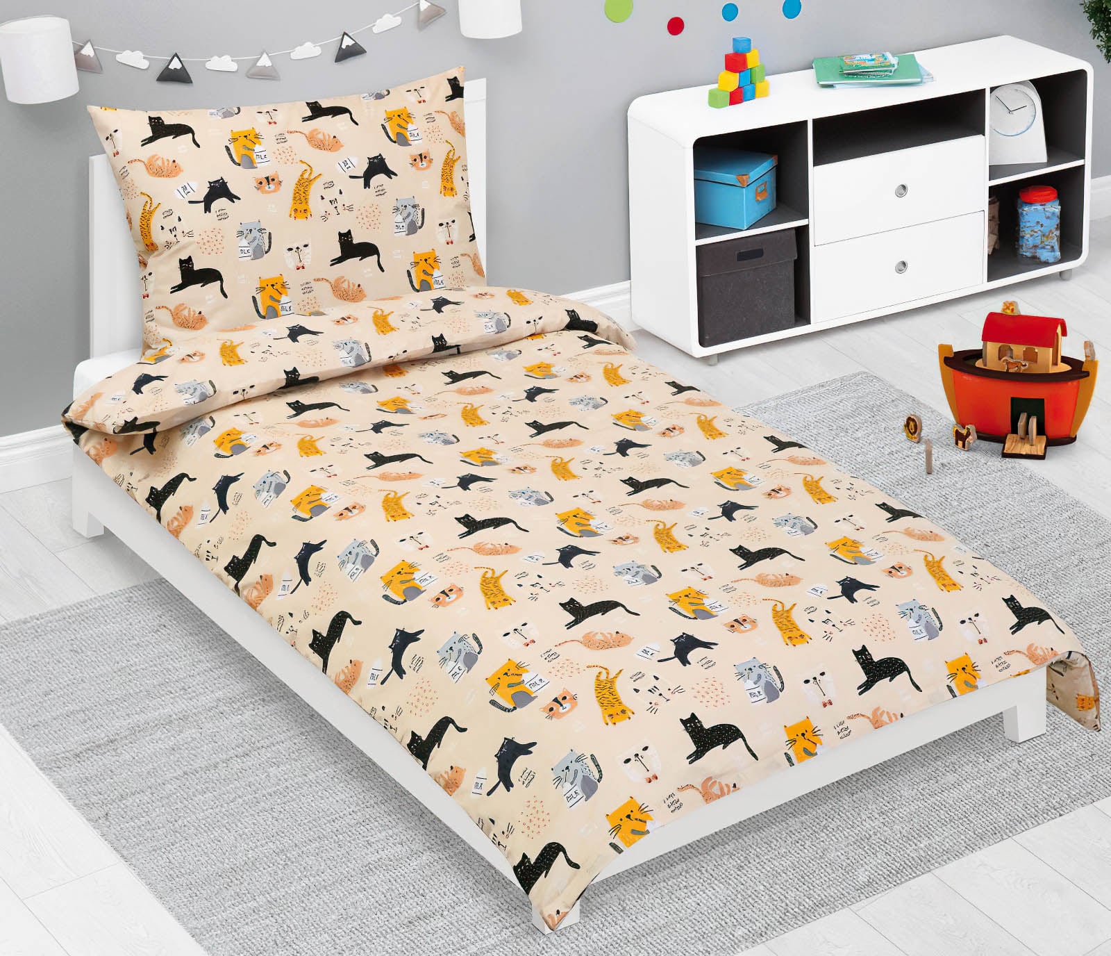 Bellatex Dětské povlečení KOČIČKA BÉŽOVÁ, ŽLUTÁ, ŠEDÁ, bavlna hladká, 140x200cm + 70x90cm