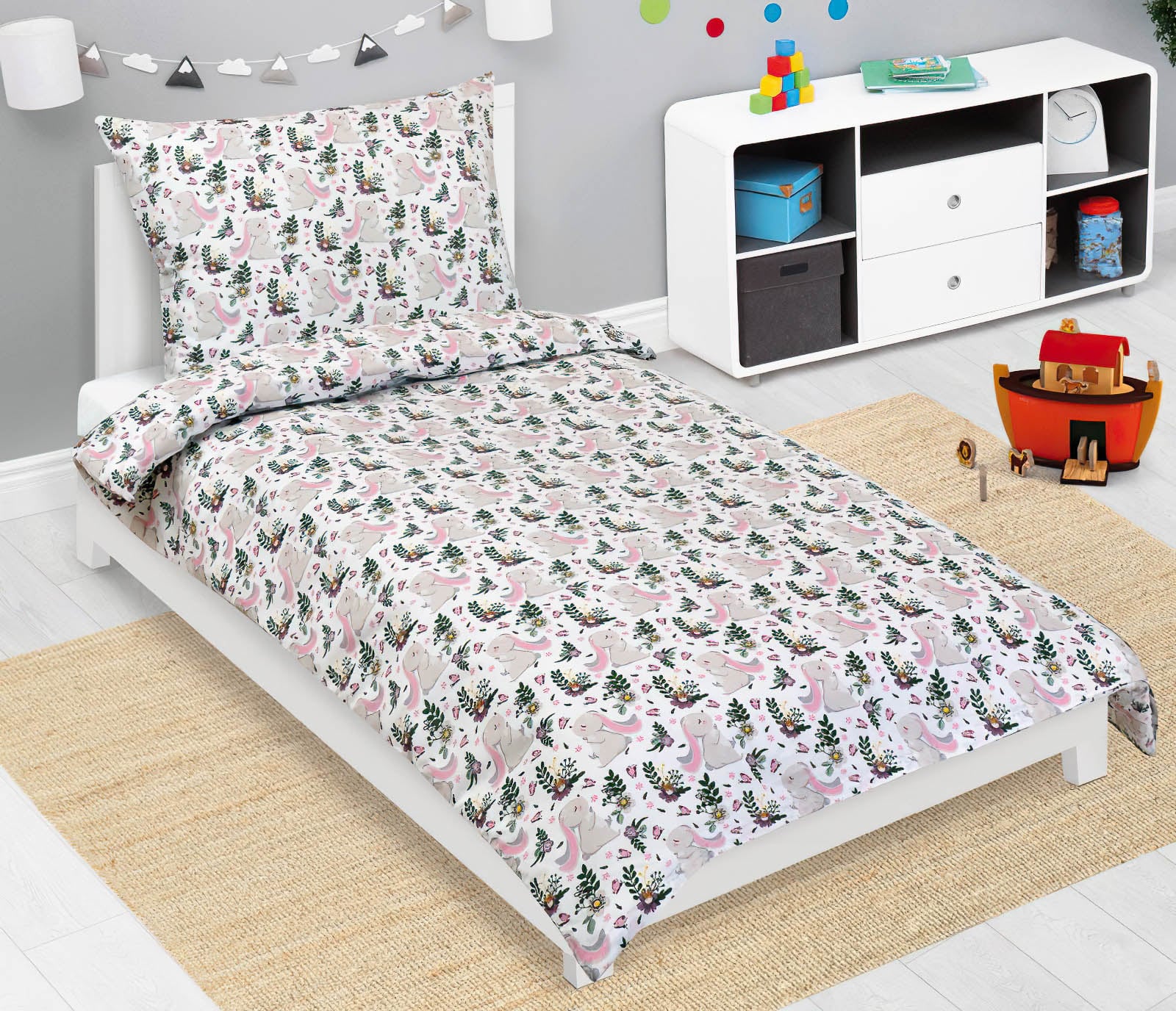 Bellatex Dětské povlečení KRÁLÍČEK ŠEDÁ, RŮŽOVÁ, bavlna hladká, 140x200cm + 70x90cm