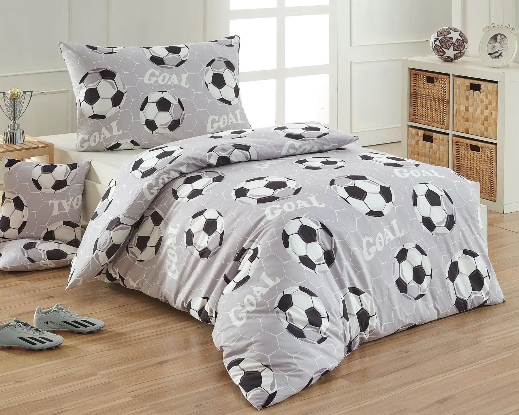 Matějovský dětské povlečení GOAL, fotbalové, šedé, bavlna hladká, 140x200cm + 70x90cm