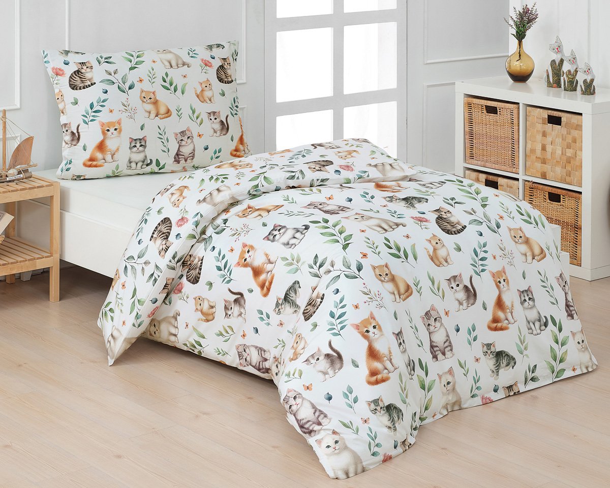 Matějovský dětské povlečení KITTY, kočky, bílé, bavlna hladká digitál, 140x200cm + 70x90cm