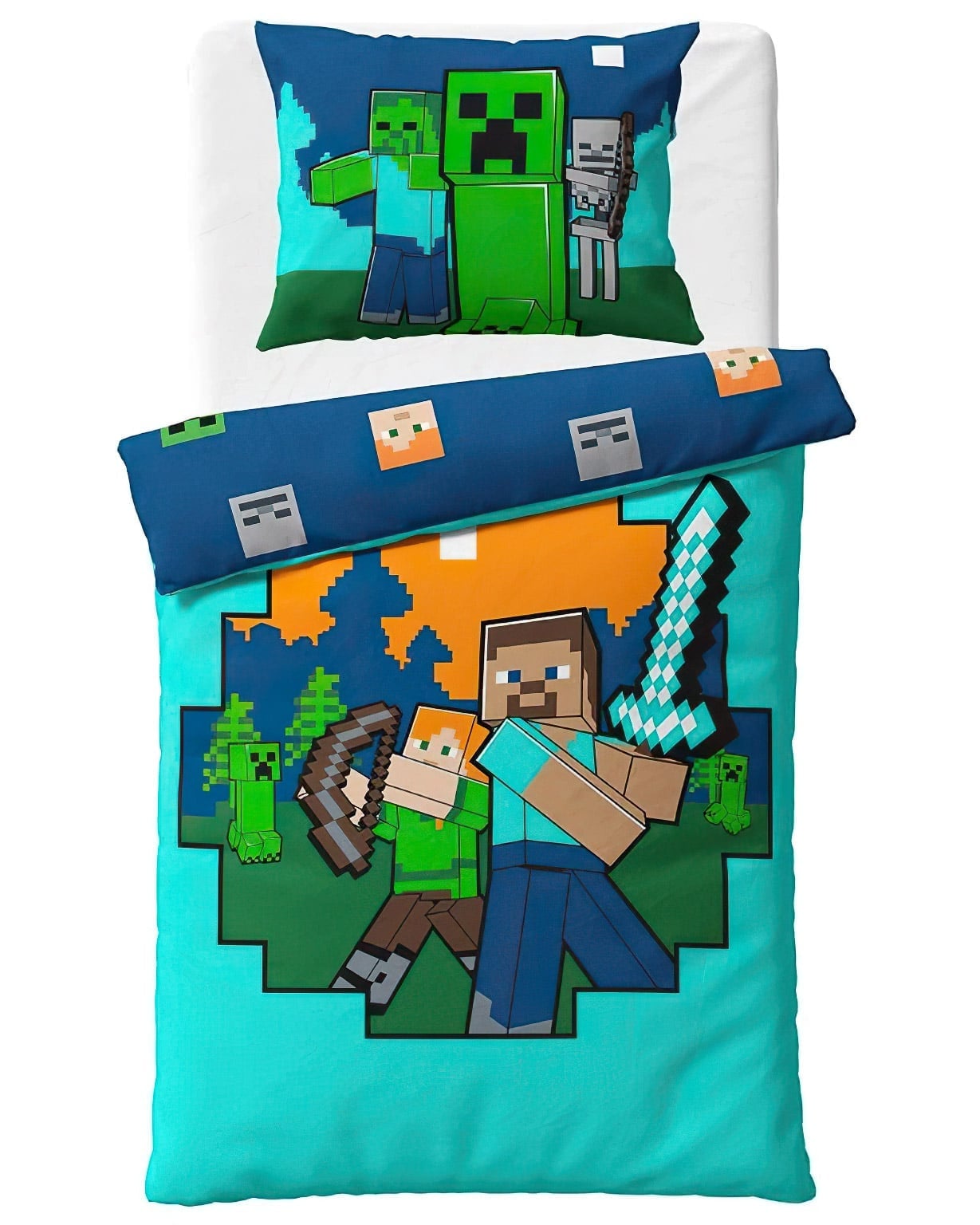 Dětské povlečení MINECRAFT ALEX A STEVE, modro-tyrkysové, bavlna hladká, 140x200cm + 70x90cm