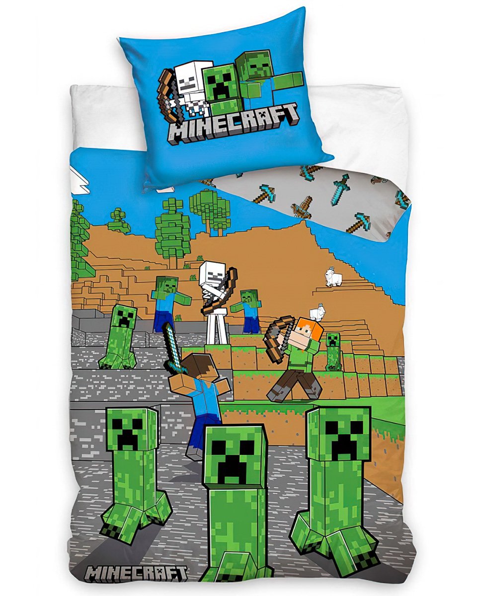Dětské povlečení MINECRAFT TIME TO MINE, modro-zelené, bavlna hladká, 140x200cm + 70x90cm