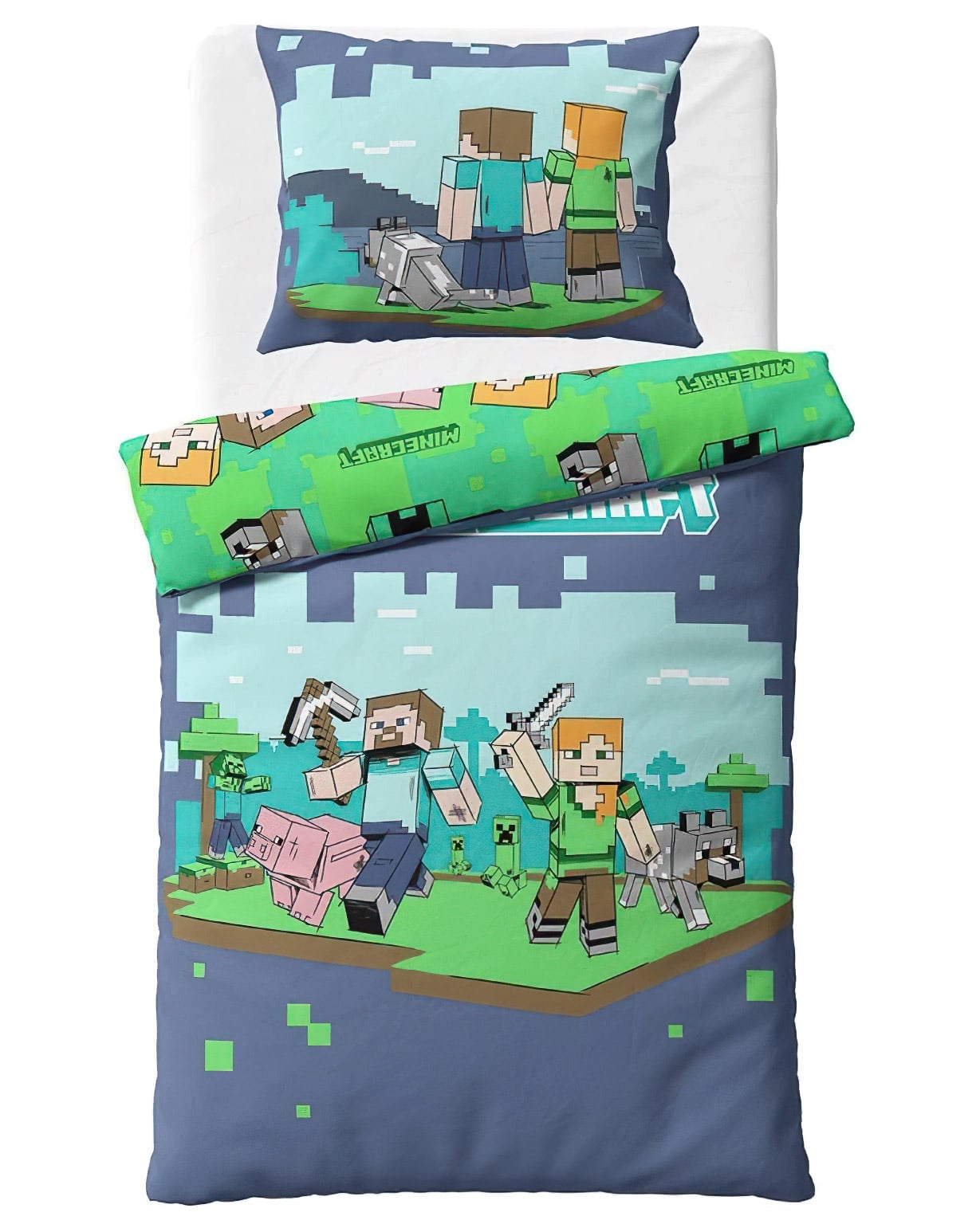 Dětské povlečení MINECRAFT VZHŮRU DO BOJE, šedo-zelené, bavlna hladká, 140x200cm + 70x90cm
