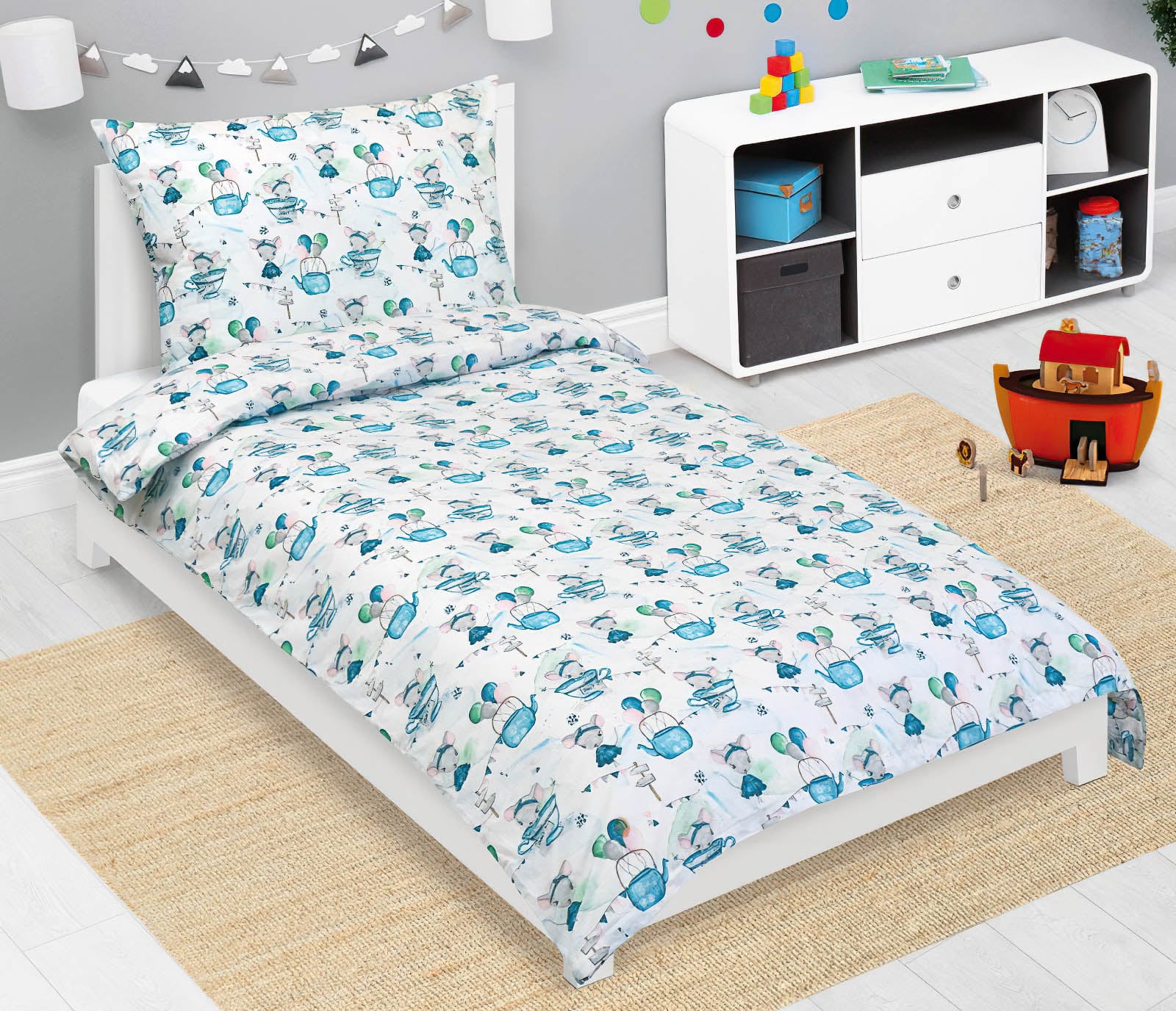 Bellatex Dětské povlečení MYŠKA V HRNEČKU MODRÁ, bavlna hladká, 140x200cm + 70x90cm