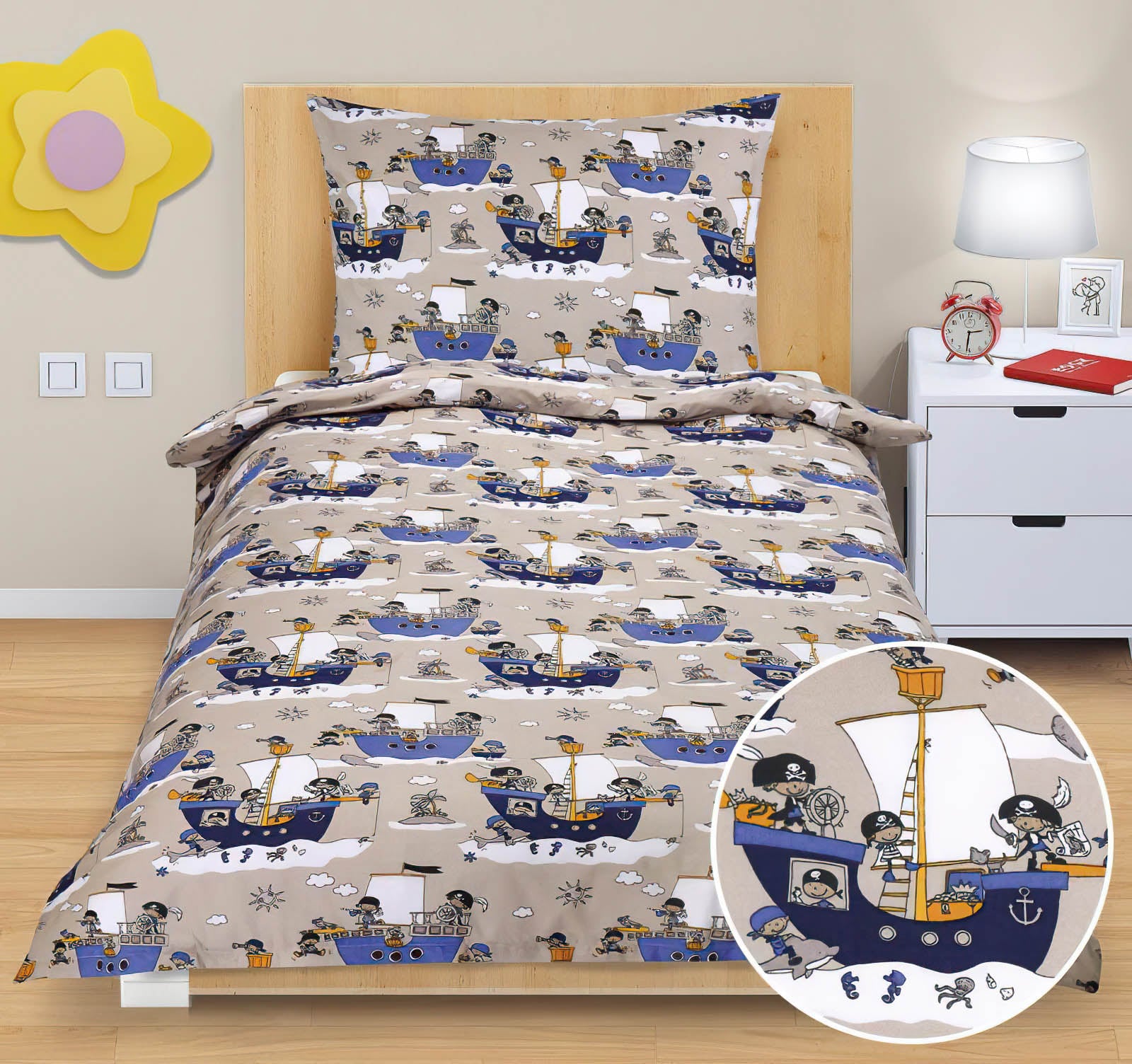 Bellatex Dětské povlečení NÁMOŘNÍK MODRÁ, ŠEDÁ, bavlna hladká, 140x200cm + 70x90cm