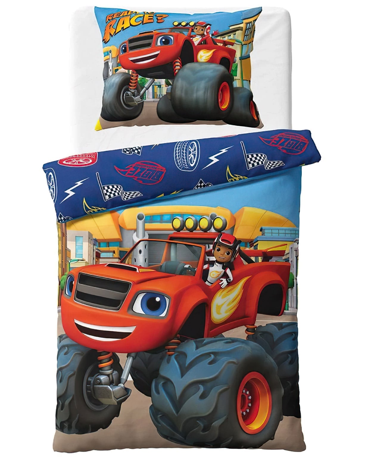 Levně Carbotex povlečení PLAMÍNEK A ČTYŘKOLÁCI PŘIPRAVEN NA ZÁVOD, modré, bavlna hladká, 140x200cm + 70x90cm