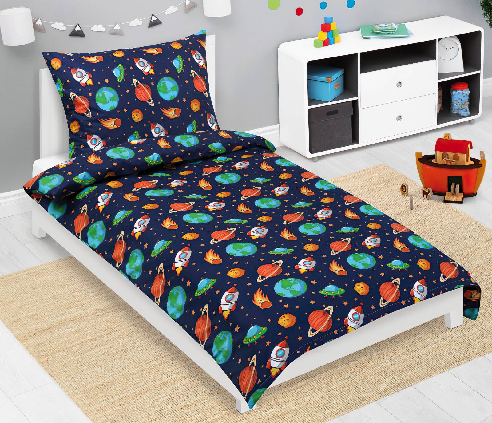 Bellatex Dětské povlečení VESMÍR MODRÁ, ORANŽOVÁ, bavlna hladká, 140x200cm + 70x90cm