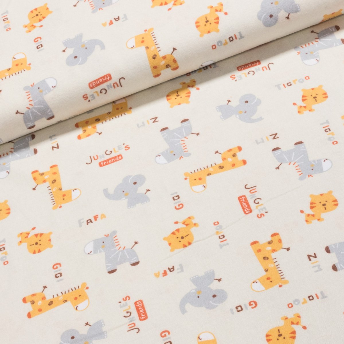 Flanel bavlněný dětský DŽUNGLE, zvířátka na smetanové, š.150cm (látka v metráži)