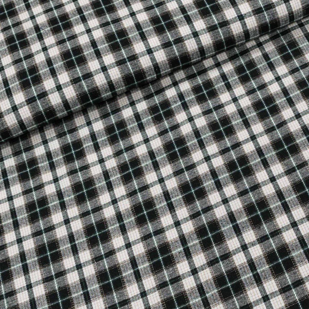 Flanel tkaný / barchet, oboustranný 13, černo-smetanovo-zelené káro, š.150cm (látka v metráži)